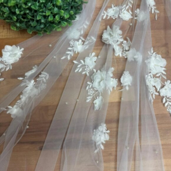 Dip Dyed Cashmere Wedding Veil 3D Florals & Pearls Cathedral - Picture 1 of 16